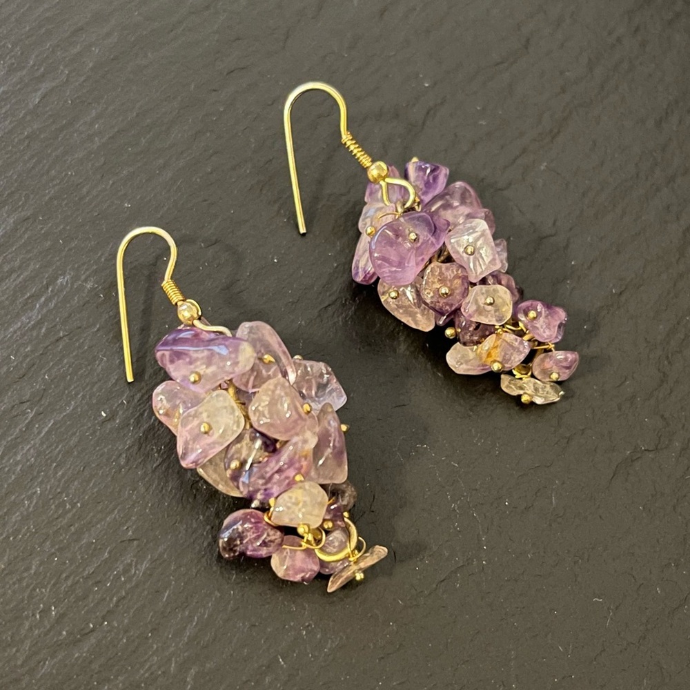 Amethyst Artisan Chip Cluster Earrings “ Purple Grape Clusters” French Hooks
